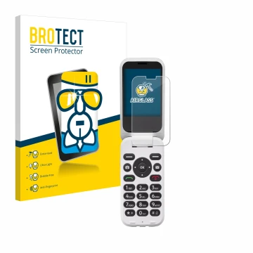 Front side of a product packaging with the brand logo BROTECT. Next to it is the device Doro 6820 shown with the corresponding