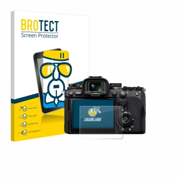 Front side of a product packaging with the brand logo BROTECT. Next to it is the device Sony Alpha 9 III shown with the corres