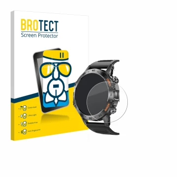 Front side of a product packaging with the brand logo BROTECT. Next to it is the device Lemfo Smartwatch 1.39