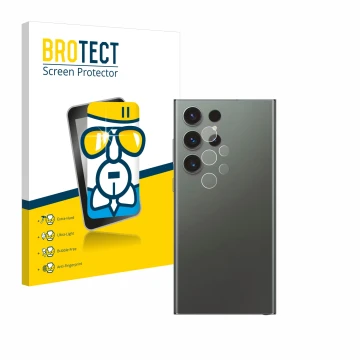 Front side of a product packaging with the brand logo BROTECT. Next to it is the device Samsung Galaxy S23 Ultra Enterprise Ed