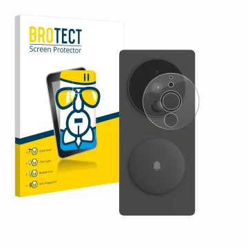 Front side of a product packaging with the brand logo BROTECT. Next to it is the device Aqara SVD-KIT1 (Smart video doorbell G