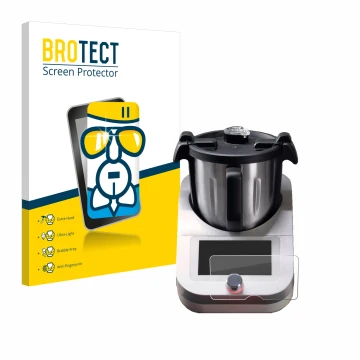 Front side of a product packaging with the brand logo BROTECT. Next to it is the device Ufesa TotalChef RK7 shown with the cor