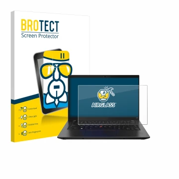 Front side of a product packaging with the brand logo BROTECT. Next to it is the device Lenovo ThinkPad L14 Gen 3 shown with t