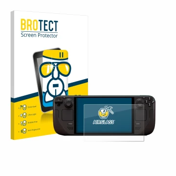 Front side of a product packaging with the brand logo BROTECT. Next to it is the device Valve Steam Deck OLED shown with the c