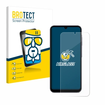 Front side of a product packaging with the brand logo BROTECT. Next to it is the device Samsung Galaxy A25 5G shown with the c