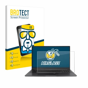 Front side of a product packaging with the brand logo BROTECT. Next to it is the device ASUS Vivobook 15 OLED shown with the c