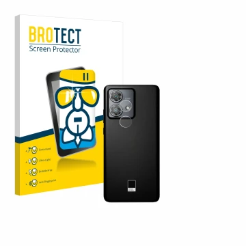 Front side of a product packaging with the brand logo BROTECT. Next to it is the device Motorola Edge 40 Neo (ONLY Camera Lens