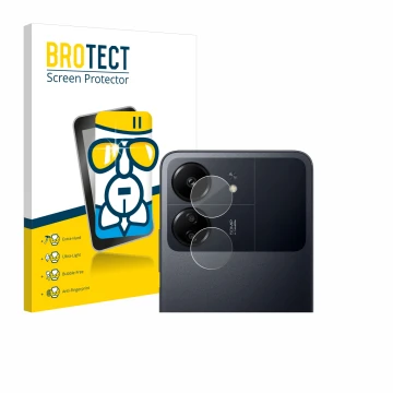 Front side of a product packaging with the brand logo BROTECT. Next to it is the device Xiaomi Poco C65 (ONLY Camera Lens) sho