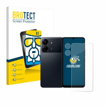 Front side of a product packaging with the brand logo BROTECT. Next to it is the device Xiaomi Poco C65 (Front+Camera) shown w