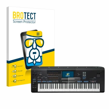 Front side of a product packaging with the brand logo BROTECT. Next to it is the device Yamaha Genos2 shown with the correspon