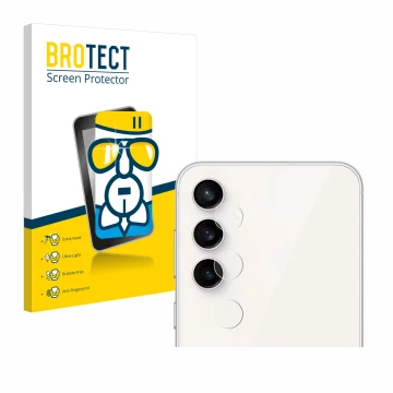 Front side of a product packaging with the brand logo BROTECT. Next to it is the device Samsung Galaxy S23 FE (ONLY Camera Len