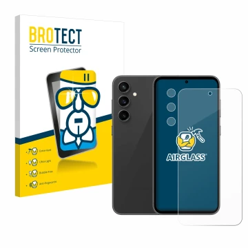 Front side of a product packaging with the brand logo BROTECT. Next to it is the device Samsung Galaxy S23 FE (Front+Camera) s