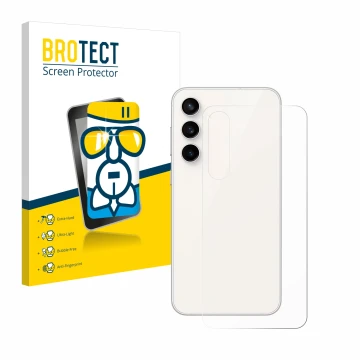 Front side of a product packaging with the brand logo BROTECT. Next to it is the device Samsung Galaxy S23 FE (Back) shown wit