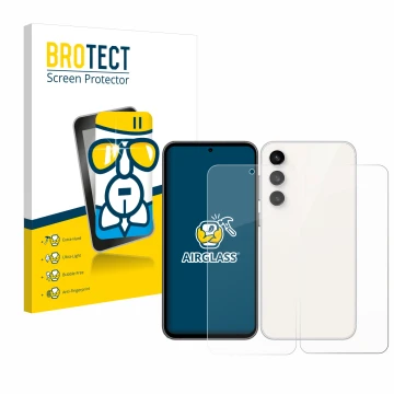 Front side of a product packaging with the brand logo BROTECT. Next to it is the device Samsung Galaxy S23 FE (Front+Back) sho