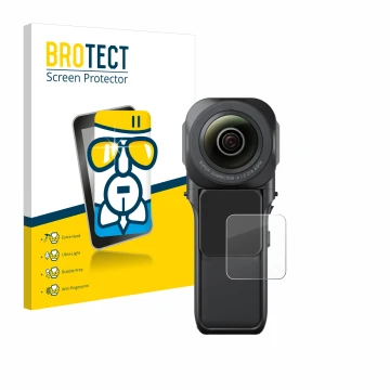 Front side of a product packaging with the brand logo BROTECT. Next to it is the device Insta360 One RS 1-Zoll 360 shown with 