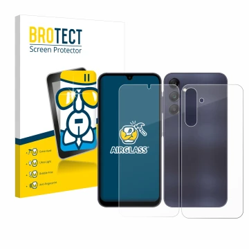 Front side of a product packaging with the brand logo BROTECT. Next to it is the device Samsung Galaxy A25 5G (Front+Back) sho