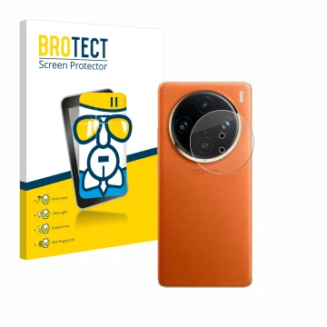 Front side of a product packaging with the brand logo BROTECT. Next to it is the device Vivo X100 Pro (ONLY Camera Lens) shown