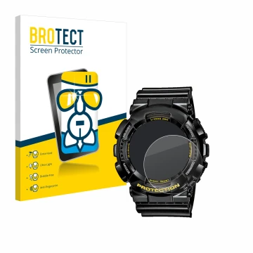 Front side of a product packaging with the brand logo BROTECT. Next to it is the device Casio G-Shock GA-110GB-1A shown with t