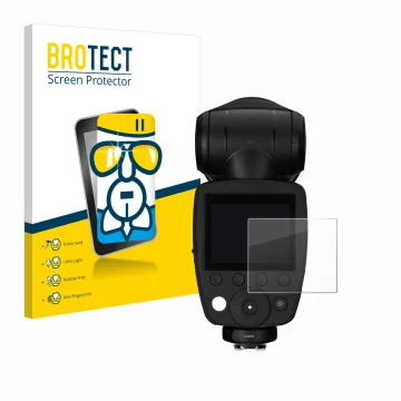 Front side of a product packaging with the brand logo BROTECT. Next to it is the device Profoto A10 shown with the correspondi