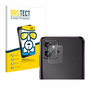 Front side of a product packaging with the brand logo BROTECT. Next to it is the device Motorola Moto G32 (ONLY Camera Lens) s