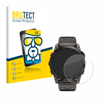 Front side of a product packaging with the brand logo BROTECT. Next to it is the device Garmin D2 Mach1 Pro shown with the cor