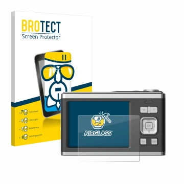 Front side of a product packaging with the brand logo BROTECT. Next to it is the device Rollei Compactline 10X shown with the 