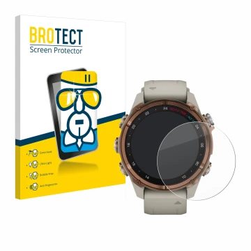 Front side of a product packaging with the brand logo BROTECT. Next to it is the device Garmin Descent Mk3 (43 mm) shown with 