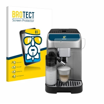 Front side of a product packaging with the brand logo BROTECT. Next to it is the device DeLonghi Magnifica Plus shown with the
