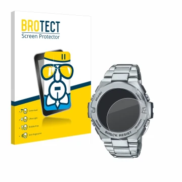 Front side of a product packaging with the brand logo BROTECT. Next to it is the device Casio G-Shock GST-B500D-1A shown with 