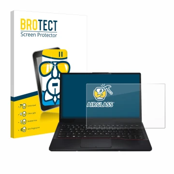 Front side of a product packaging with the brand logo BROTECT. Next to it is the device Fujitsu Lifebook E5412 shown with the 