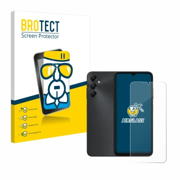 Front side of a product packaging with the brand logo BROTECT. Next to it is the device Samsung Galaxy A05s shown with the cor
