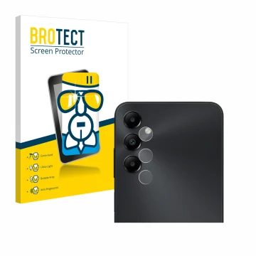 Front side of a product packaging with the brand logo BROTECT. Next to it is the device Samsung Galaxy A05s (ONLY Camera Lens)