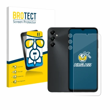 Front side of a product packaging with the brand logo BROTECT. Next to it is the device Samsung Galaxy A05s (Front+Camera) sho