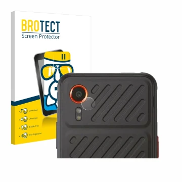 Front side of a product packaging with the brand logo BROTECT. Next to it is the device Samsung Galaxy XCover 7 (ONLY Camera L