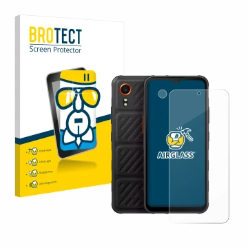 Front side of a product packaging with the brand logo BROTECT. Next to it is the device Samsung Galaxy XCover 7 (Front+Camera)