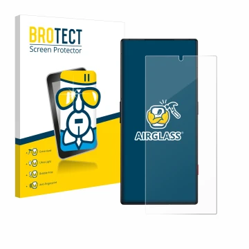 Front side of a product packaging with the brand logo BROTECT. Next to it is the device ZTE Nubia Red Magic 8 Pro shown with t