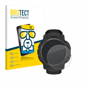 Front side of a product packaging with the brand logo BROTECT. Next to it is the device Garmin Instinct Crossover AMOLED shown