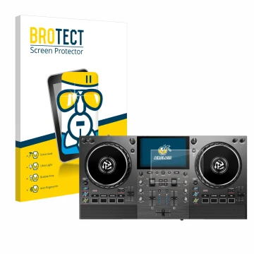 Front side of a product packaging with the brand logo BROTECT. Next to it is the device Numark Mixstream Pro Go shown with the