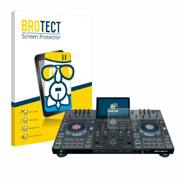 Front side of a product packaging with the brand logo BROTECT. Next to it is the device Denon DJ Prime 4+ shown with the corre