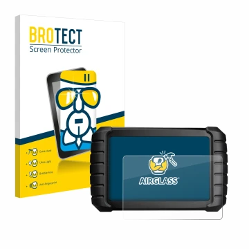 Front side of a product packaging with the brand logo BROTECT. Next to it is the device iCarsoft CR Max BT (2024) shown with t