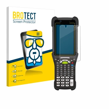 Front side of a product packaging with the brand logo BROTECT. Next to it is the device Zebra MC9400 shown with the correspond