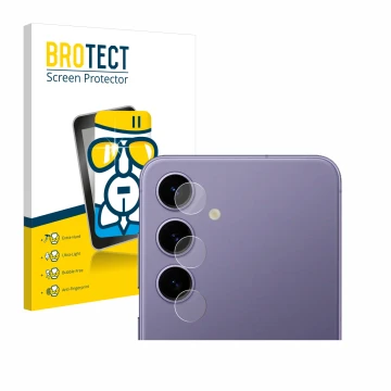 Front side of a product packaging with the brand logo BROTECT. Next to it is the device Samsung Galaxy S24 (ONLY Camera Lens) 