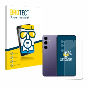 Front side of a product packaging with the brand logo BROTECT. Next to it is the device Samsung Galaxy S24 (Front+Camera) show