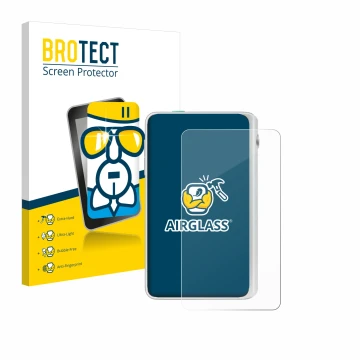 Front side of a product packaging with the brand logo BROTECT. Next to it is the device Timekettle Fluentalk T1 Mini shown wit