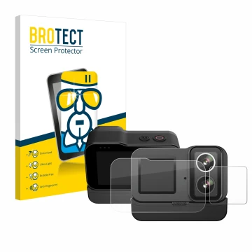 Front side of a product packaging with the brand logo BROTECT. Next to it is the device SJCAM SJ20 Dual Lens shown with the co