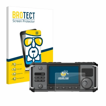Front side of a product packaging with the brand logo BROTECT. Next to it is the device Xiegu X6200 shown with the correspondi
