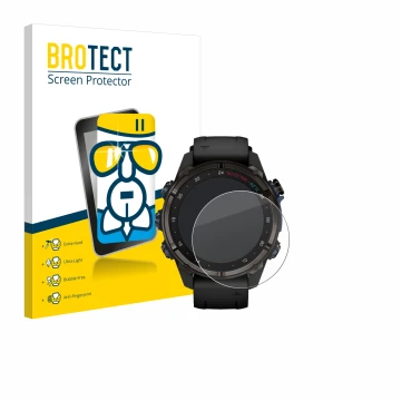 Front side of a product packaging with the brand logo BROTECT. Next to it is the device Garmin Descent Mk3i (43 mm) shown with