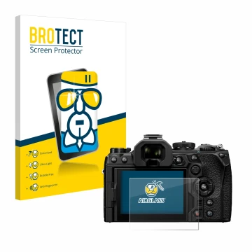 Front side of a product packaging with the brand logo BROTECT. Next to it is the device Olympus OM System OM-1 Mark II shown w