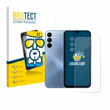 Front side of a product packaging with the brand logo BROTECT. Next to it is the device Samsung Galaxy A15 (Front+Camera) show