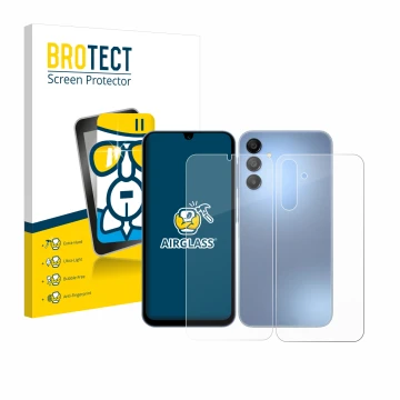 Front side of a product packaging with the brand logo BROTECT. Next to it is the device Samsung Galaxy A15 (Front+Back) shown 